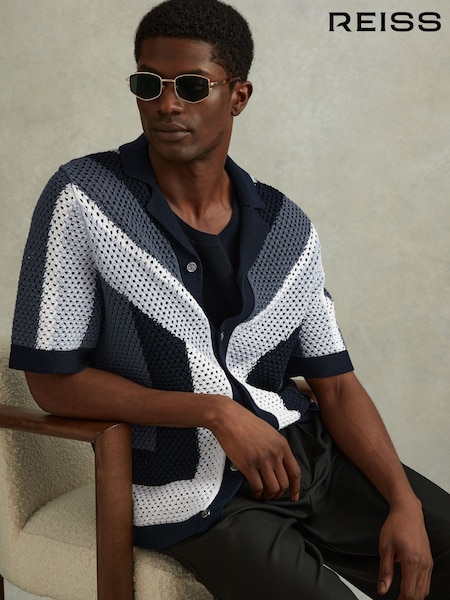 Reiss Navy Multi Panko Cotton Blend Crochet Cuban Collar Shirt (990620) | 1,161 QAR