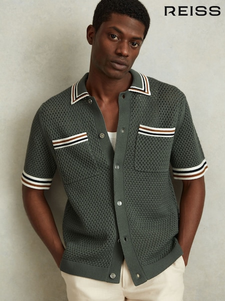 Reiss Dark Sage Green Coulson Cotton Blend Crochet Shirt (991104) | AED994