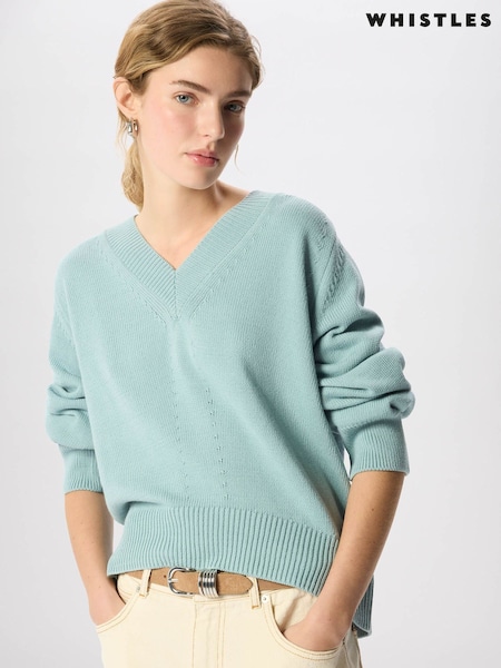 Blue - Whistles Cotton V-neck Relaxed Knit Jumper