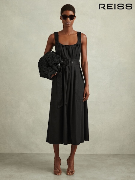 Reiss Black Liza Cotton Ruched Strap Belted Midi Dress (991144) | €77