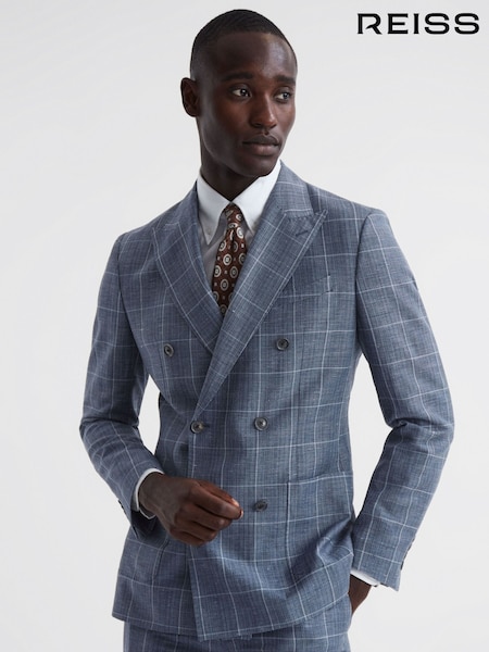 Reiss Indigo Aintree Slim Fit Wool Linen Check Double Breasted Blazer (991623) | AED2,866