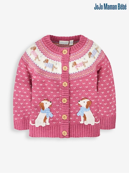 JoJo Maman Bébé Rose Pink Sausage Dog Fairisle Pattern Cardigan (991691) | €45