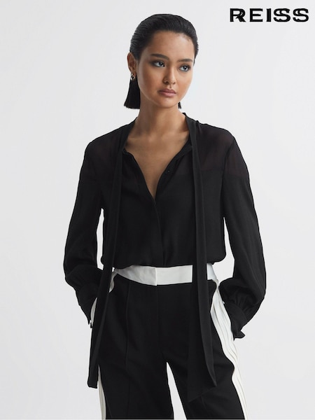 Reiss Black Arina Tie Neck Semi-Sheer Blouse (992122) | €182