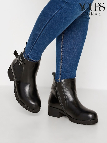 Black - Yours Curve Faux Leather Buckle Ankle Boots In Wide E Fit