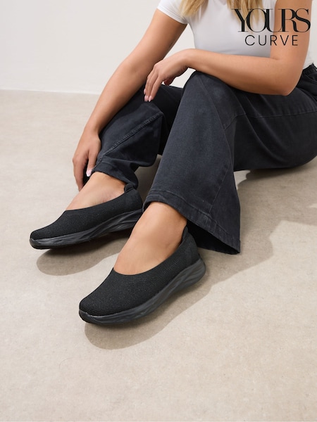 Crna - Yours Curve Slip On Knit Ballet Trainers In Extra Wide Eee Fit