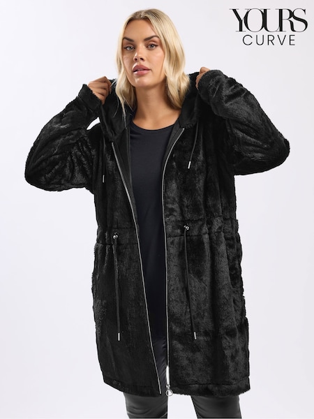črna - Yours Curve Faux Fur Longline Zip Hoodie