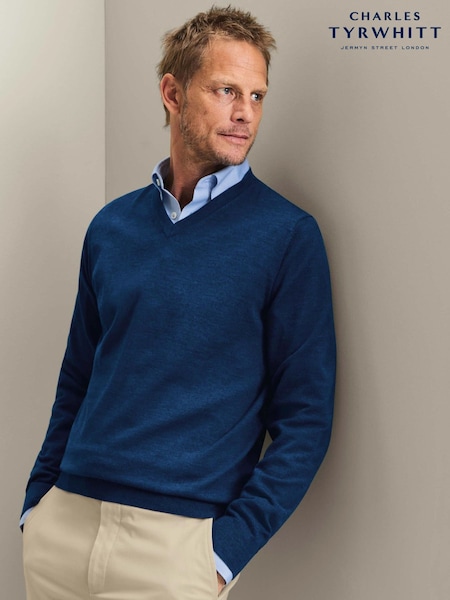 Blue - Regular Charles Tyrwhitt Pure Merino V-neck Jumper