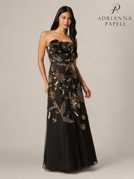 Қара - Adrianna Papell Floral Bead Strapless Dress