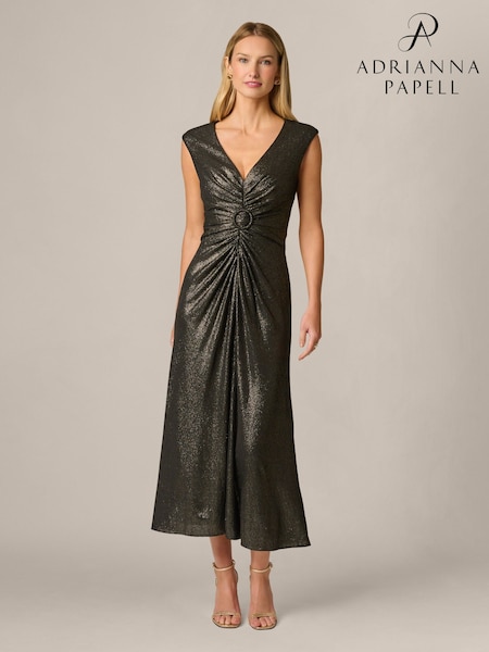 Black - Adrianna Papell V-neck Metallic Ankle Dress