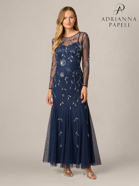 Blue - Adrianna Papell Studio Long Sleeve Bead Dress