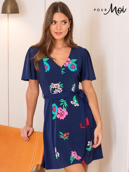 Pour Moi Blue Priya Slinky Jersey Panel Short Sleeve Dress (994430) | $79