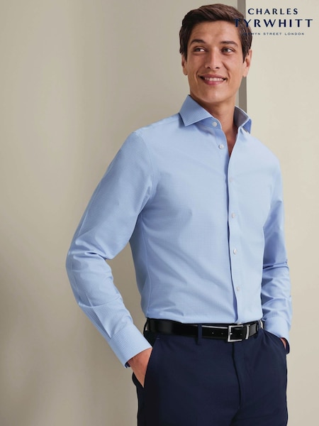 Blå - Regular Charles Tyrwhitt Grid Check Non-iron Stretch Poplin Cutaway Slim Fit Shirt