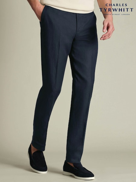 Navy Blue - Regular Charles Tyrwhitt Slim Fit Linen Suit Trousers