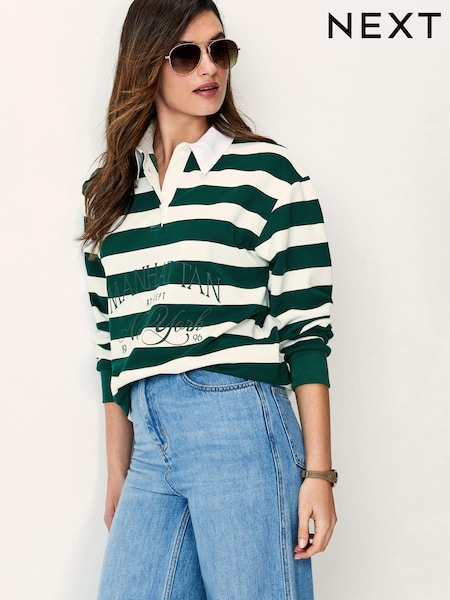 Grün/Ecru-Weiß - Long Sleeve Stripe Graphic Button Down Rugby Polo Shirt (995120) | 10 €