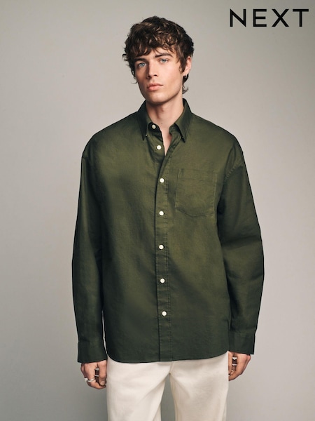 Dark Green Relaxed Fit Long Sleeve 100% Cotton Oxford Shirt (995547) | AED57