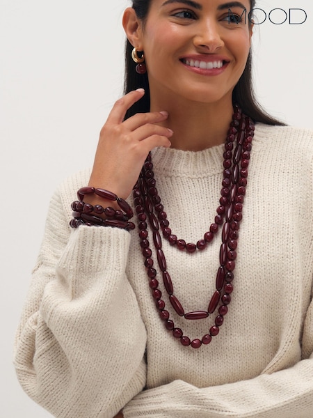 Red Silver Tone - Mood Beaded Multirow Necklace