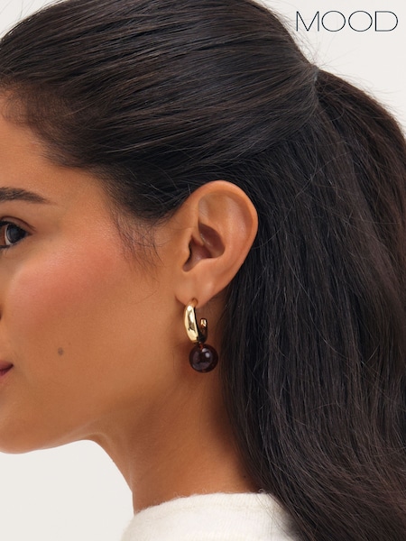 Gold - Mood Plated And Brown Ball Drop Earrings