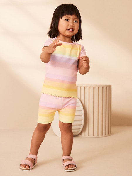 Rainbow Ribbed Short Sleeve T-Shirt and Cycle Shorts Set (3mths-7yrs) (996303) | €2 - €3.50