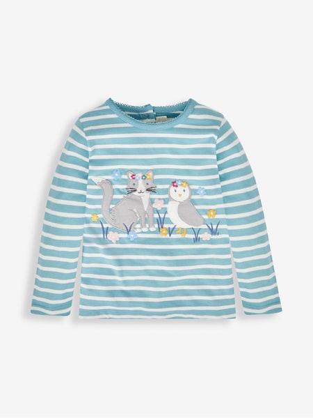 JoJo Maman Bébé Duck Egg Girls' Owl & Cat Appliqué Top (996595) | AED99