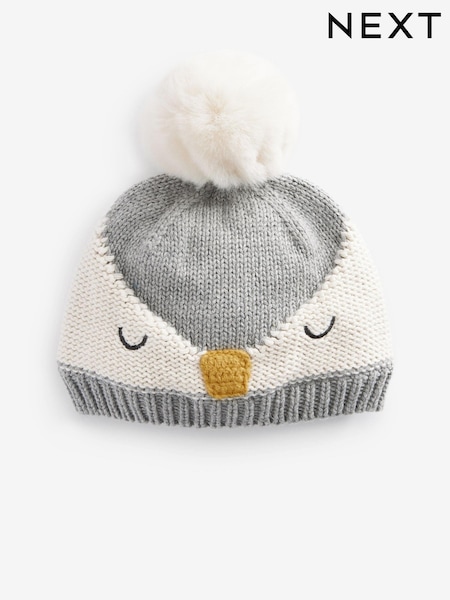Grey Knitted Penguin Baby Beanie Pom Hat (0mths-2yrs) (996655) | €5