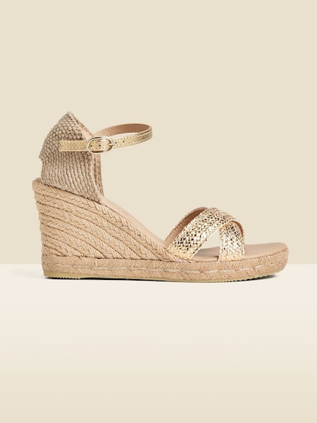 Sosandar Gold Ankle Strap High Wedges Espadrilles (997188) | €98
