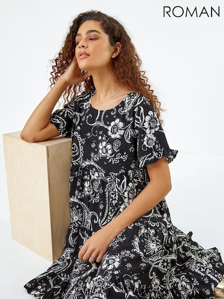 Roman Black Paisley Floral Tiered Smock Dress (997819) | R$ 510