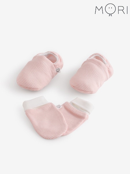 Pink - Mori Blush Stripe Supersoft Baby Booties & Mittens Set