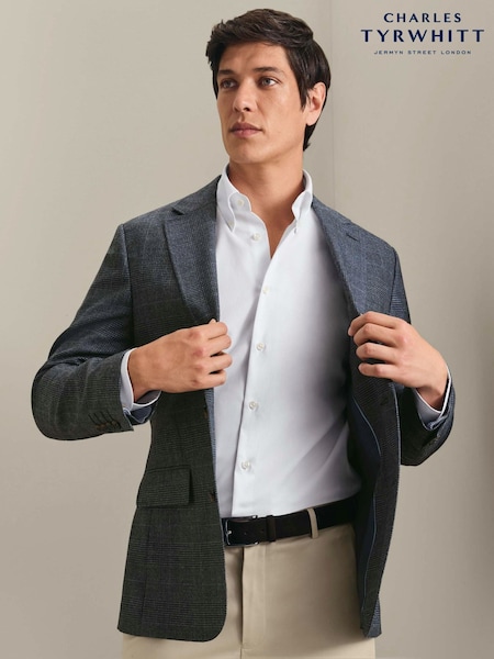 Blue - Regular Charles Tyrwhitt Pow Check Wool Texture Slim Fit Jacket