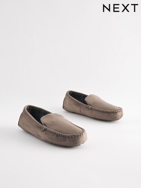 Taupe Brown Check Lined Moccasin Slippers (998516) | 64 QAR
