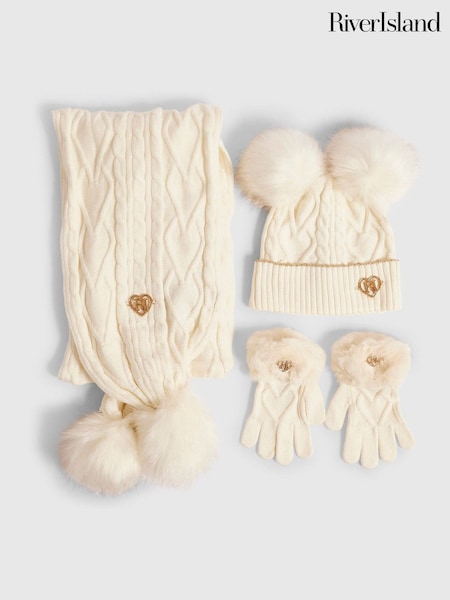 Cream - River Island Pom cepurīte cimdu un šalles Komplekts