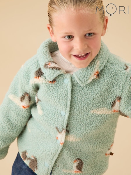 Plavo - Mori Blue Penguin Print Borg Button Through Shacket