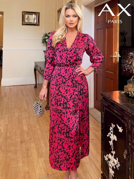 AX Paris Pink Cerise Printed Wrap Top Split Skirt Midi Dress (999059) | €34