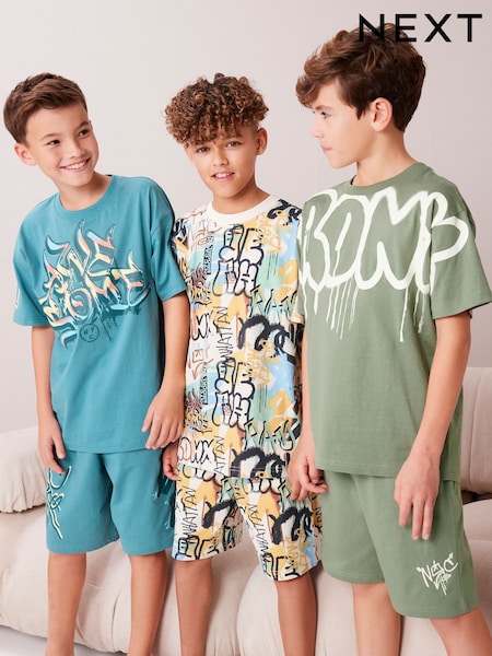Blue/Green Graffiti Short Pyjamas 3 Pack (3-16yrs) (999695) | AED91 - AED115