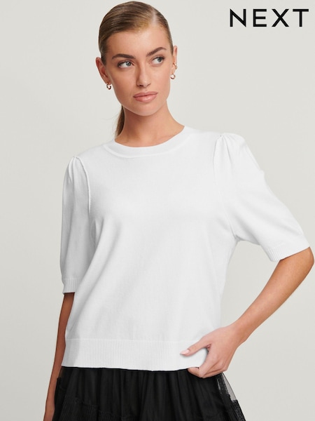 White Crew Neck Short Sleeve Knitted Top (999892) | AED33