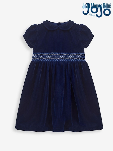 JoJo Maman Bébé Navy Velvet Smocked Party Dress (9EN215) | 188 QAR