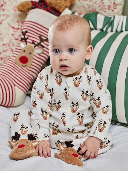 JoJo Maman Bébé Cream Reindeer Heads Print Zip Sleepsuit (9FQ070) | €35