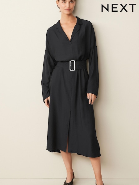 Black Belted Long Sleeve Midi Dress (A01075) | €30