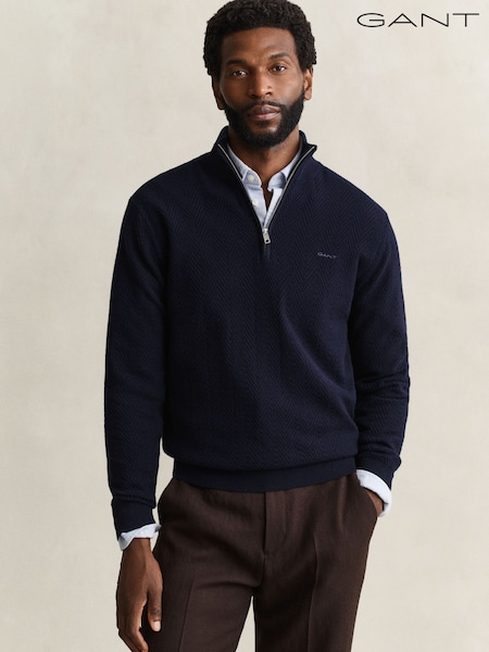 Blue - Regular Gant Herringbone Texture Zip Neck Jumper