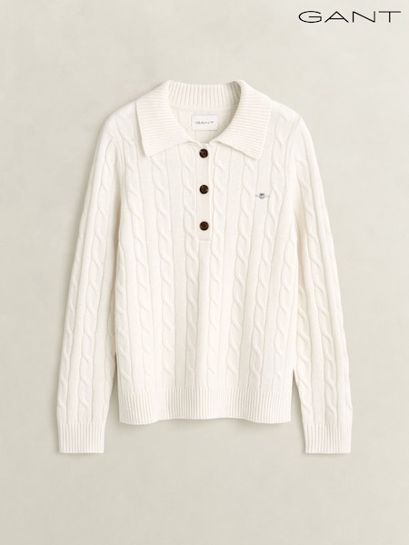 Weiß - Gant Lambswool Cable Knit Rugby Shirt