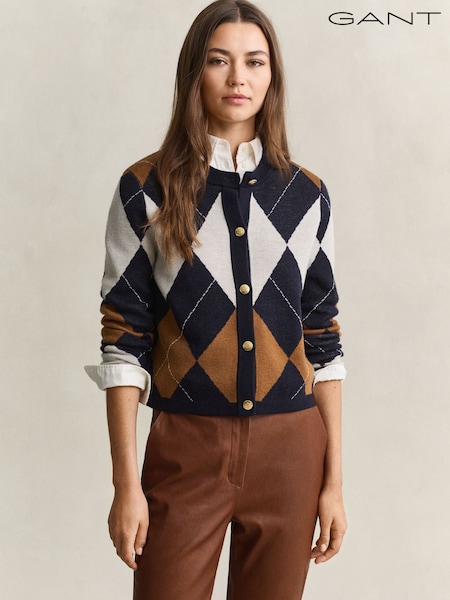 Blue - Gant Argyle Button Through Cardigan