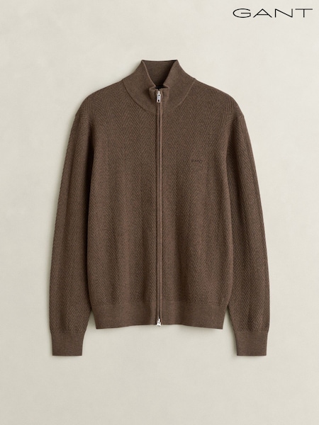 Brun - Regular Gant Herringbone Texture Zip Through Cardigan