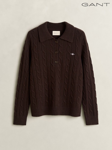 Brown - Gant Lambswool Cable Knit Rugby Shirt