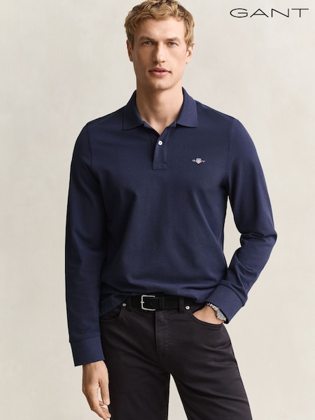 Blue - Regular Gant Long Sleeve Shield Logo Pique Polo Shirt