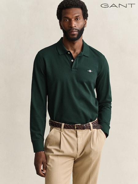 Green - Regular Gant Long Sleeve Shield Logo Pique Polo Shirt