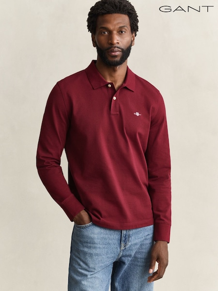 Red - Regular Gant Long Sleeve Shield Logo Pique Polo Shirt