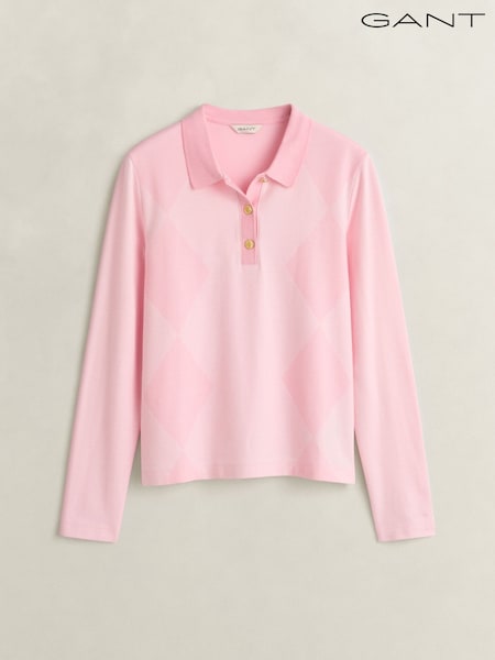 Růžová - Gant Long Sleeve Argyle Pique Polo Shirt