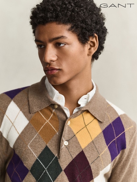 Braun - Regular Gant Lambswool Long Sleeve Argyle Polo Shirt