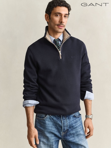 Modrá - Regular Gant Sacker Quarter Zip Jersey Sweatshirt
