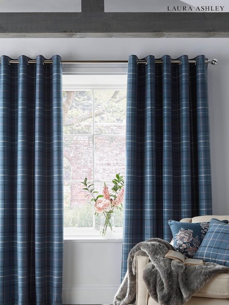 Laura Ashley Dark Seaspray Blue Alfriston Check Blackout/Thermal Blackout Lined  Eyelet Curtains (A03813) | €66 - €126