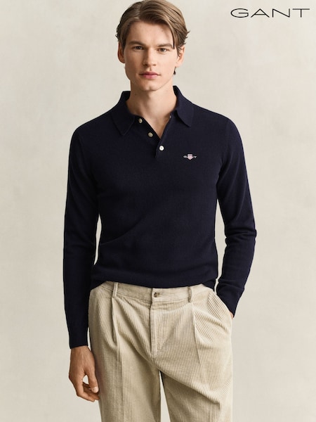 Modrá - Regular Gant Lambswool Long Sleeve Shield Polo Shirt